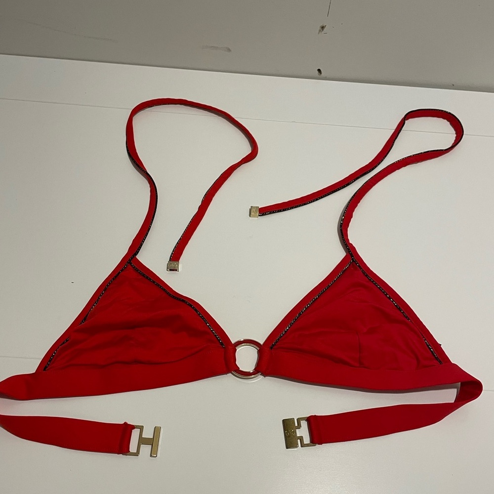 Dolce & Gabbana Brand Red & Black Triangle Bikini Top Size 2 Gold Detailing